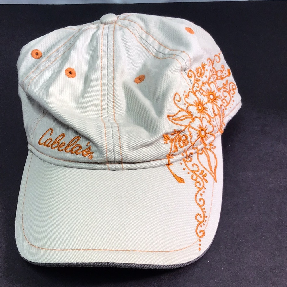 Cabela's trucker hat ball cap brimmed hat Greige w orange embroidery adjustable